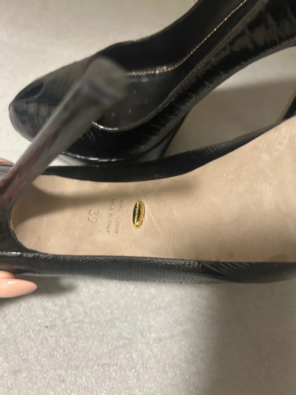Sergio Rossi Black Patent Croc-Embossed Peep-Toe Heels